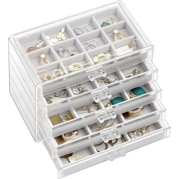 Clear Acrylic Jewelry Box Earring Organizer with Velvet Trays 5 Drawer Storage - Picture 1 of 7